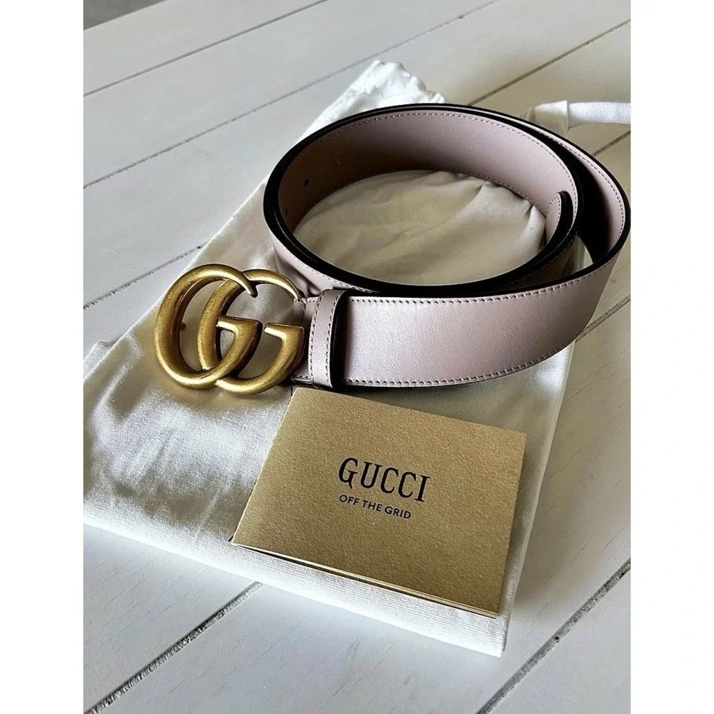 Authentic Gucci Marmont Taupe Dusty Pink GG Belt Gold Buckle size 38 w/ Bag